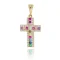Zlatý křížek s čirými a barevnými zirkony LAU018