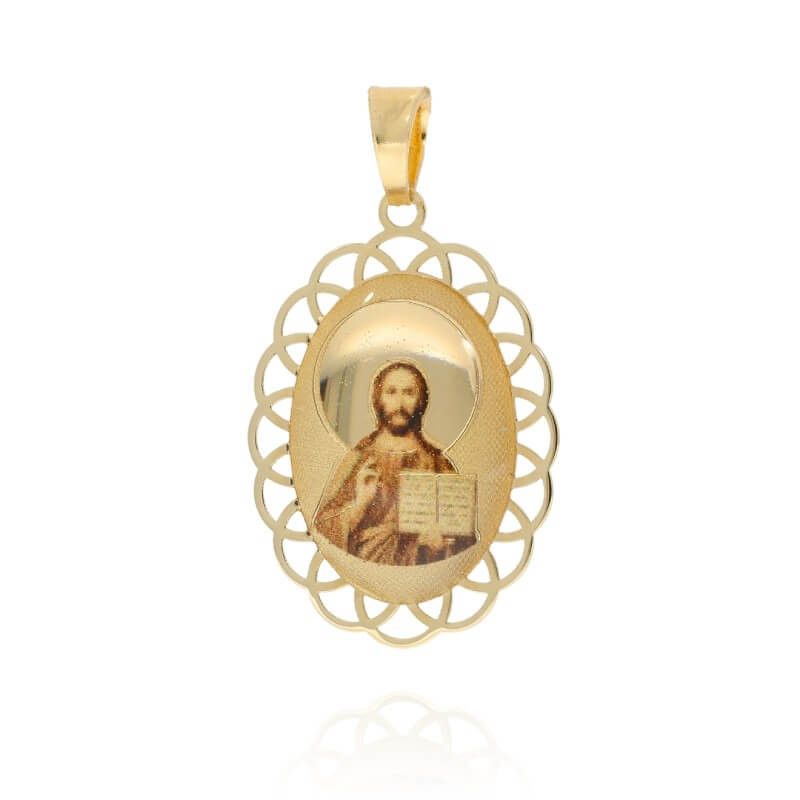 Zlatý oválný přívěsek se zdobením a s obrázkem Ježíše PM279